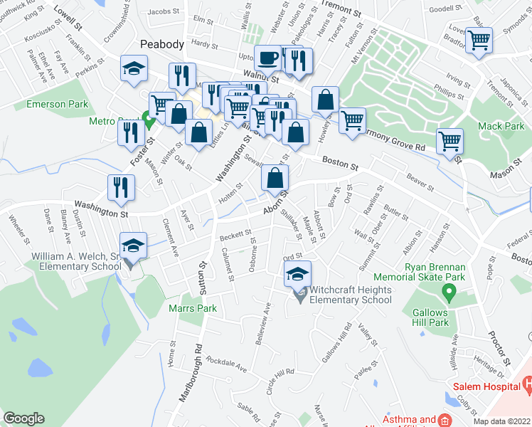 map of restaurants, bars, coffee shops, grocery stores, and more near 44 Aborn Street in Peabody