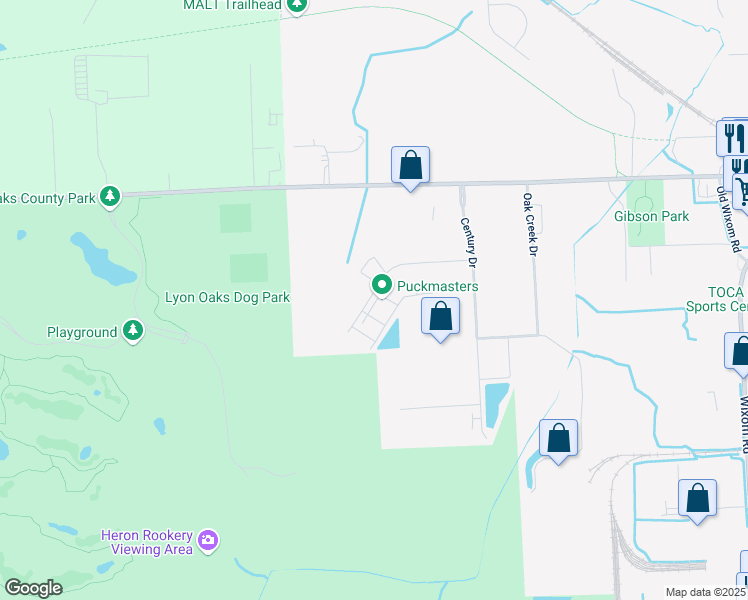 map of restaurants, bars, coffee shops, grocery stores, and more near 50950 Century Court in Wixom