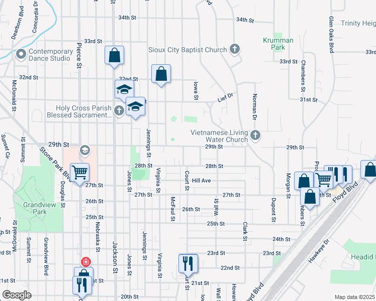 map of restaurants, bars, coffee shops, grocery stores, and more near 1100-1198 29th St in Sioux City