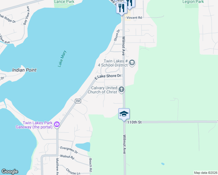 map of restaurants, bars, coffee shops, grocery stores, and more near 517 Sunset Road in Twin Lakes