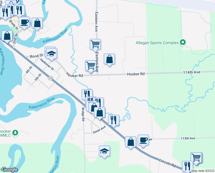 map of restaurants, bars, coffee shops, grocery stores, and more near 630 114th Avenue in Allegan