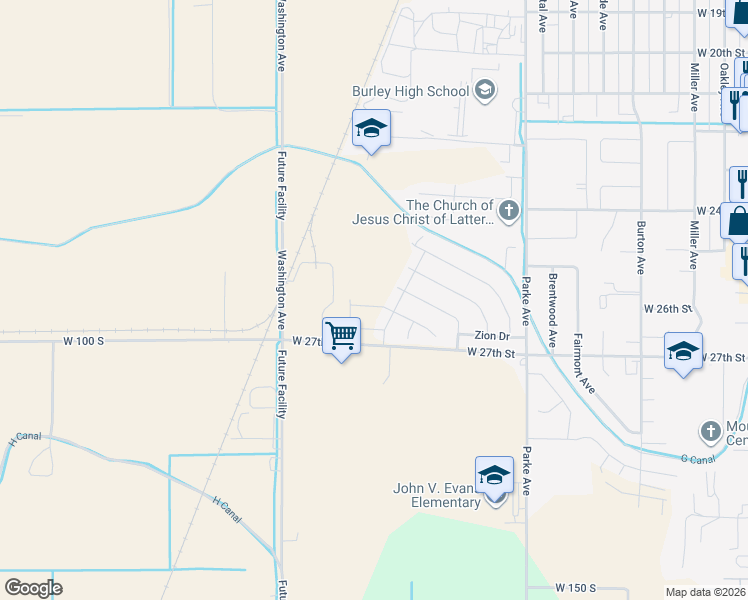 map of restaurants, bars, coffee shops, grocery stores, and more near 1544 West 27th Street in Burley