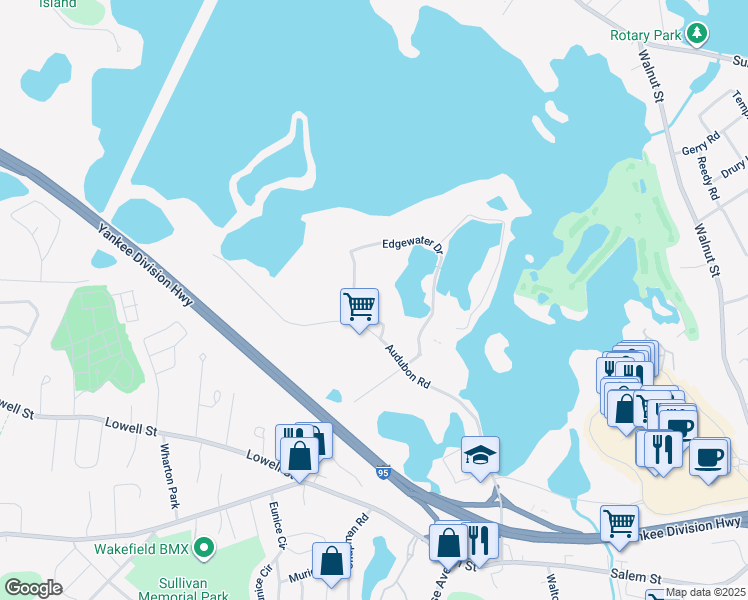 map of restaurants, bars, coffee shops, grocery stores, and more near 95 Audubon Road in Wakefield