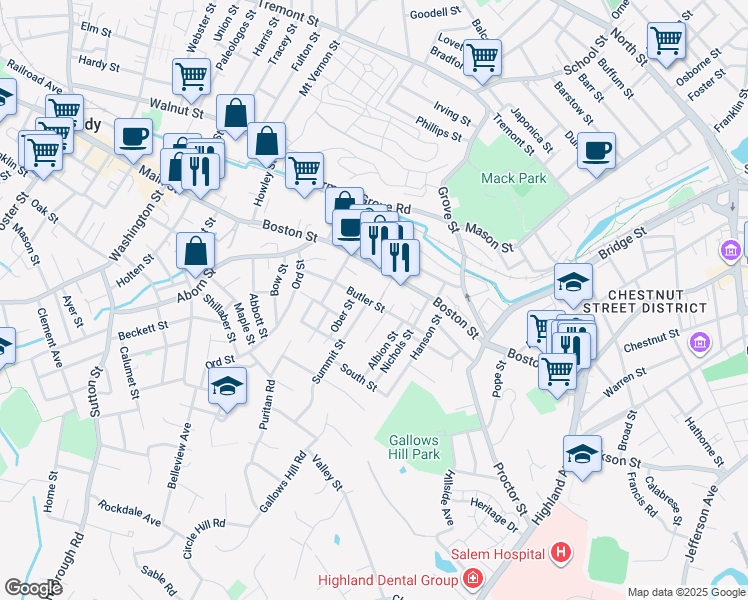 map of restaurants, bars, coffee shops, grocery stores, and more near 30 Butler Street in Salem