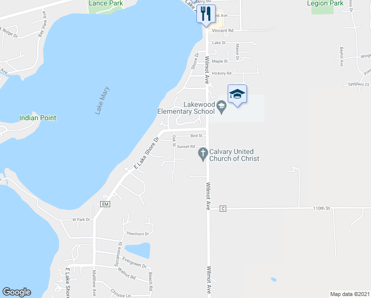 map of restaurants, bars, coffee shops, grocery stores, and more near 517 Sunset Road in Twin Lakes