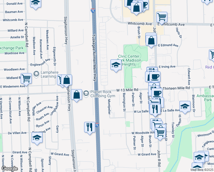 map of restaurants, bars, coffee shops, grocery stores, and more near 22907 Concord Drive in Madison Heights