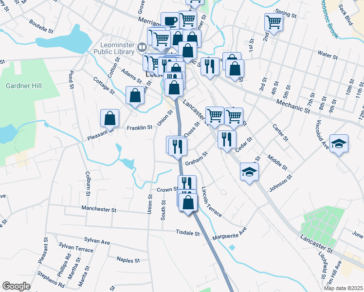 map of restaurants, bars, coffee shops, grocery stores, and more near 160 Central Street in Leominster