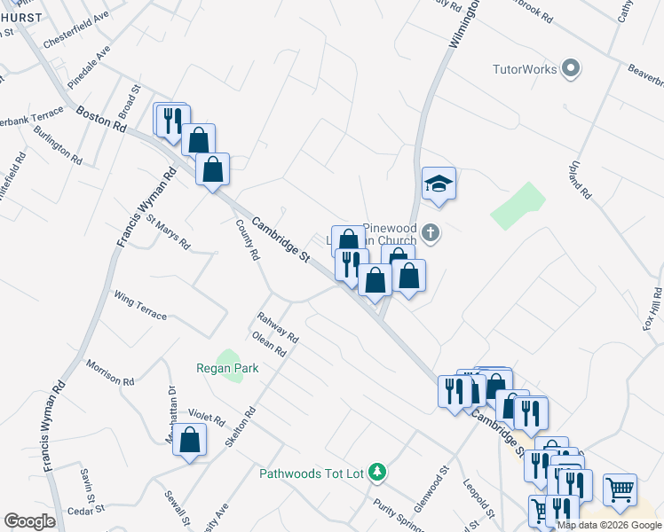 map of restaurants, bars, coffee shops, grocery stores, and more near 340 Cambridge Street in Burlington
