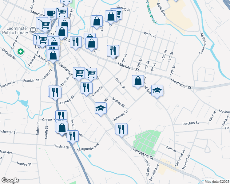 map of restaurants, bars, coffee shops, grocery stores, and more near 124 Middle Street in Leominster