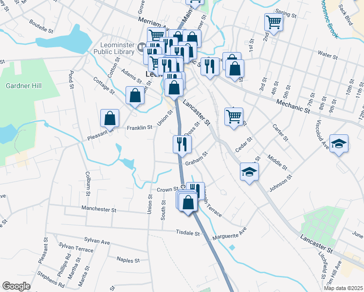 map of restaurants, bars, coffee shops, grocery stores, and more near 160 Central Street in Leominster