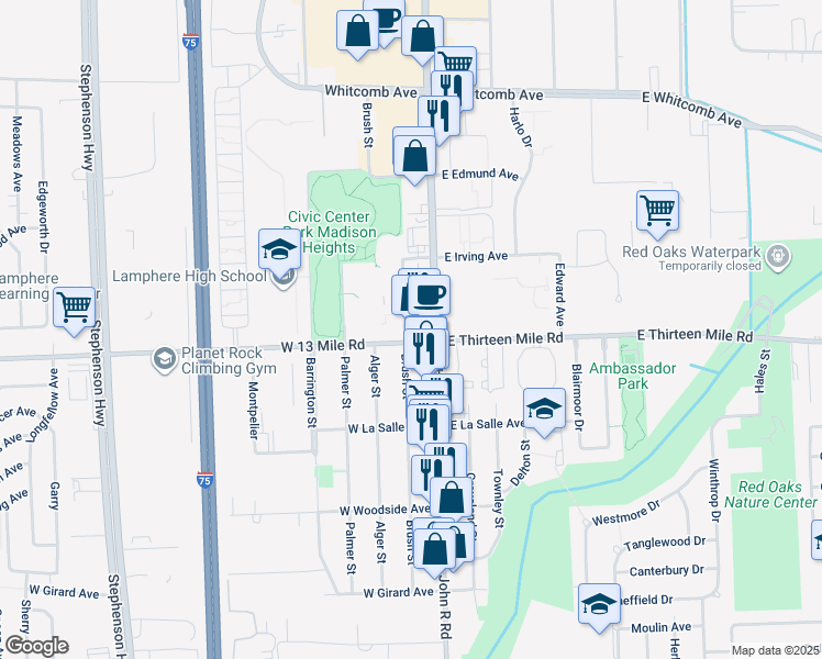 map of restaurants, bars, coffee shops, grocery stores, and more near 31000-31298 Brush St in Madison Heights