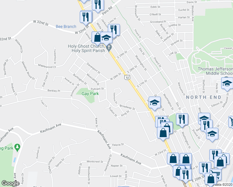 map of restaurants, bars, coffee shops, grocery stores, and more near 2725 Pleasant View Drive in Dubuque