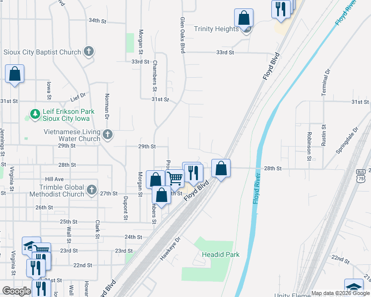 map of restaurants, bars, coffee shops, grocery stores, and more near 2720-2732 Prospect Street in Sioux City