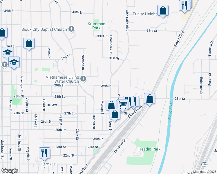 map of restaurants, bars, coffee shops, grocery stores, and more near 1800-1898 29th Street in Sioux City