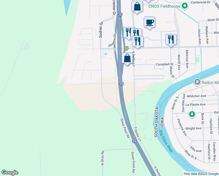 map of restaurants, bars, coffee shops, grocery stores, and more near 1302 Quiniela Drive in North Sioux City