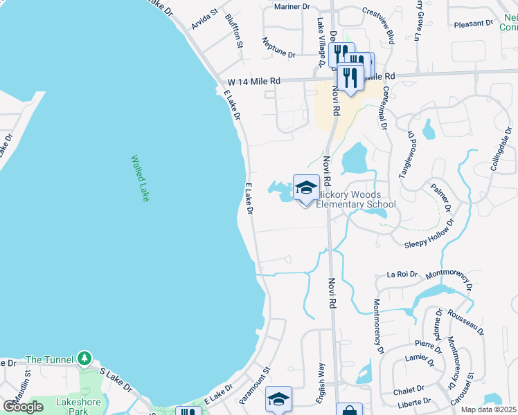 map of restaurants, bars, coffee shops, grocery stores, and more near 1255 East Lake Road in Novi