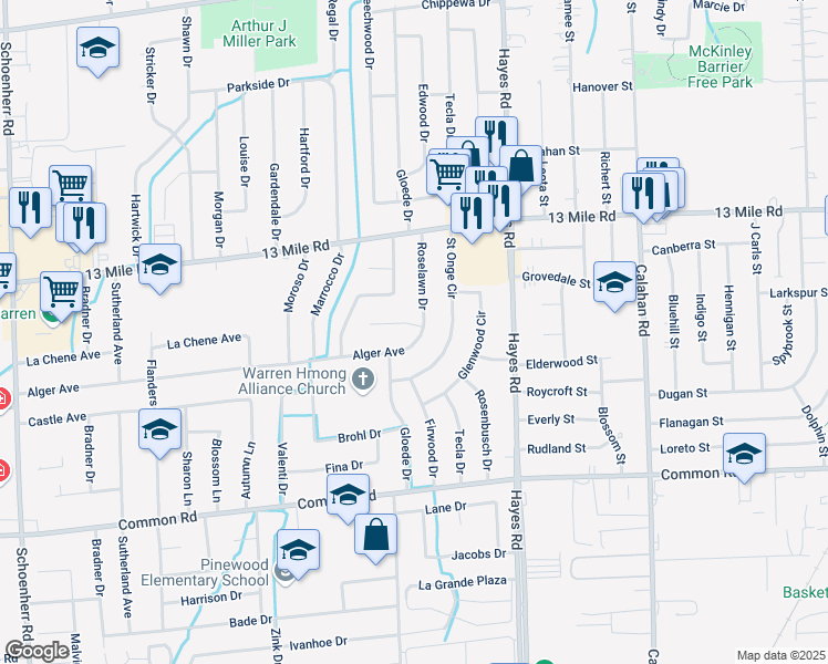 map of restaurants, bars, coffee shops, grocery stores, and more near 14929 Alger Avenue in Warren