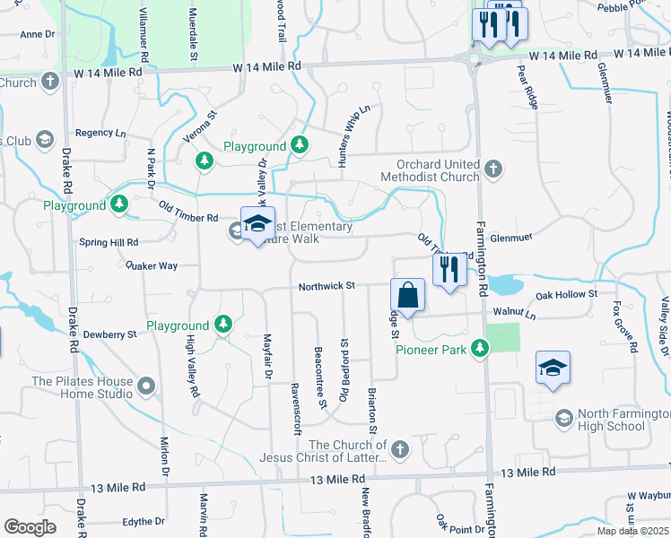 map of restaurants, bars, coffee shops, grocery stores, and more near 33987 Glouster Circle in Farmington Hills