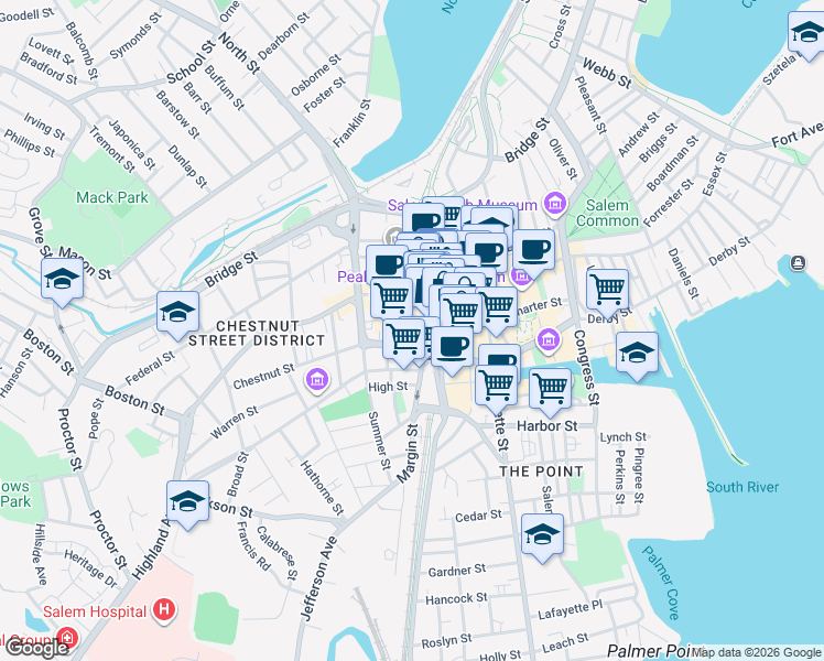 map of restaurants, bars, coffee shops, grocery stores, and more near 10 Norman Street in Salem