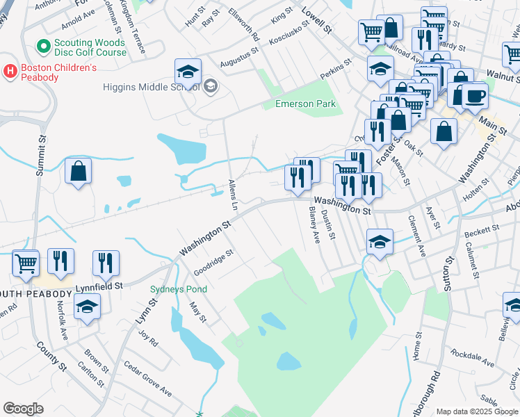 map of restaurants, bars, coffee shops, grocery stores, and more near 234 Washington Street in Peabody