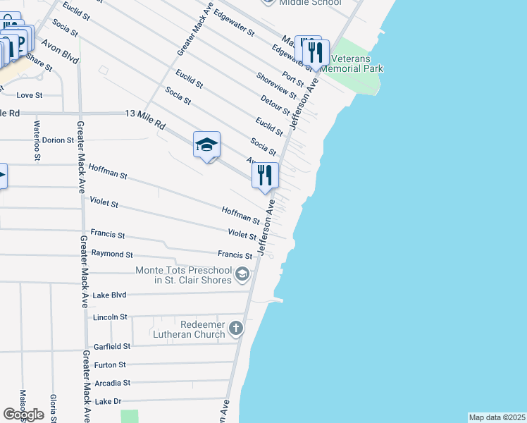 map of restaurants, bars, coffee shops, grocery stores, and more near 31033 Dorion Street in St. Clair Shores