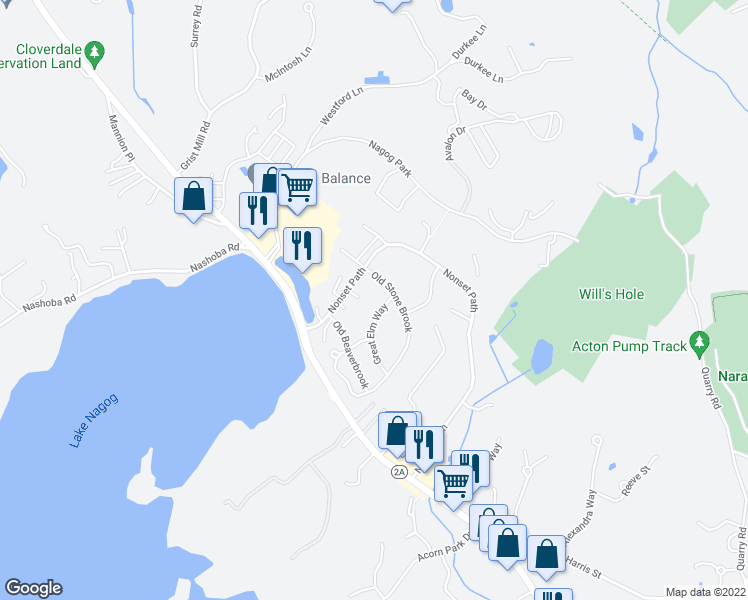 map of restaurants, bars, coffee shops, grocery stores, and more near 535 Old Stone Brook in Acton