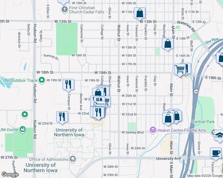 map of restaurants, bars, coffee shops, grocery stores, and more near 1925 Walnut Street in Cedar Falls