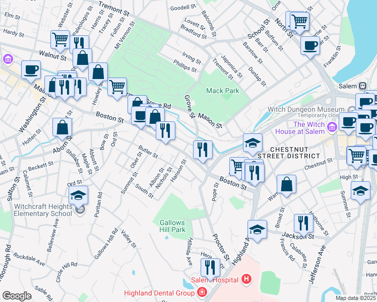 map of restaurants, bars, coffee shops, grocery stores, and more near 92 Boston Street in Salem