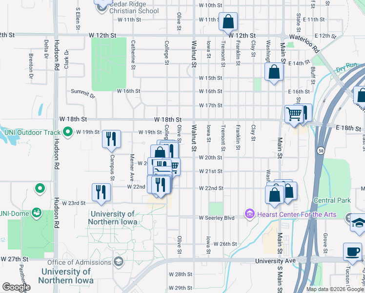map of restaurants, bars, coffee shops, grocery stores, and more near 1924 Olive Street in Cedar Falls