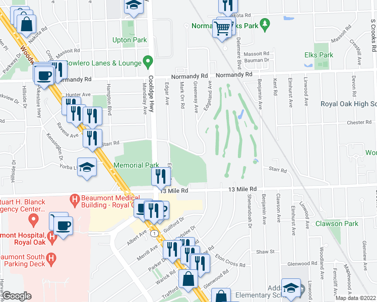 map of restaurants, bars, coffee shops, grocery stores, and more near 3405 Greenway Avenue in Royal Oak