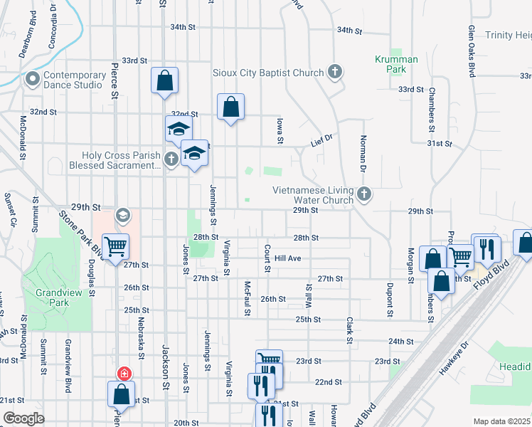 map of restaurants, bars, coffee shops, grocery stores, and more near 1100 29th Street in Sioux City