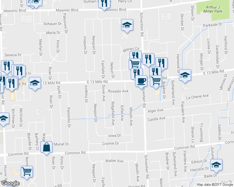 map of restaurants, bars, coffee shops, grocery stores, and more near 13230 Rosselo Avenue in Warren