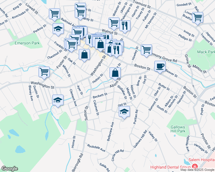 map of restaurants, bars, coffee shops, grocery stores, and more near 44 Aborn Street in Peabody