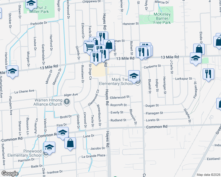 map of restaurants, bars, coffee shops, grocery stores, and more near 30481 Jo Court in Roseville