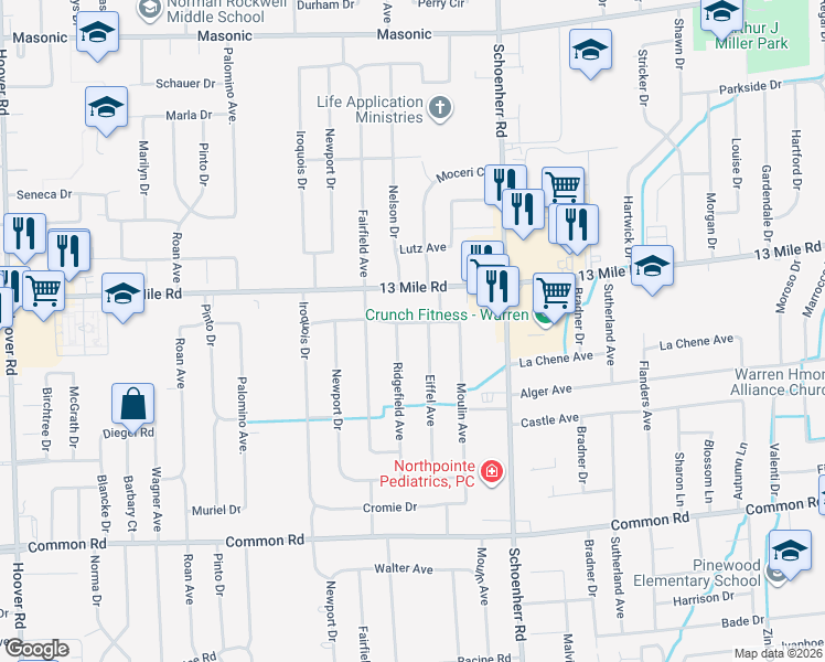 map of restaurants, bars, coffee shops, grocery stores, and more near 13230 Rosselo Avenue in Warren