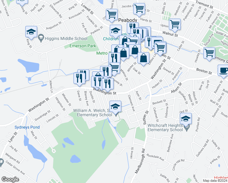 map of restaurants, bars, coffee shops, grocery stores, and more near 133 Washington Street in Peabody