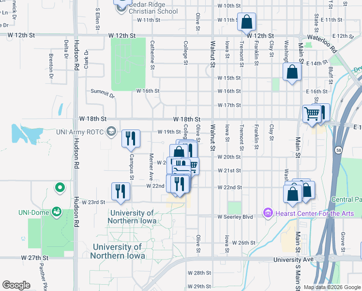 map of restaurants, bars, coffee shops, grocery stores, and more near 1927 College Street in Cedar Falls