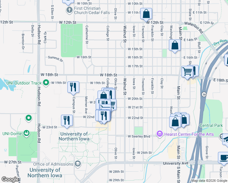 map of restaurants, bars, coffee shops, grocery stores, and more near 1924 College Street in Cedar Falls