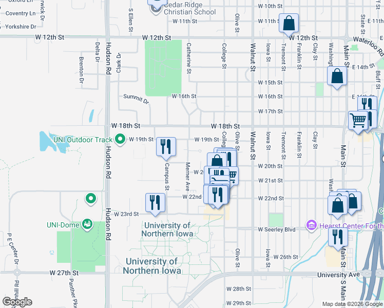map of restaurants, bars, coffee shops, grocery stores, and more near 1926 Merner Avenue in Cedar Falls
