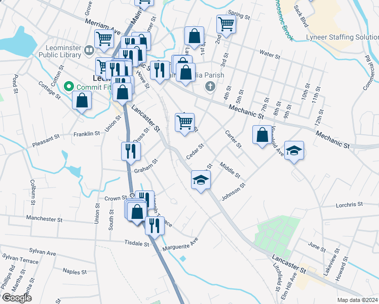 map of restaurants, bars, coffee shops, grocery stores, and more near 18 Cedar Street in Leominster