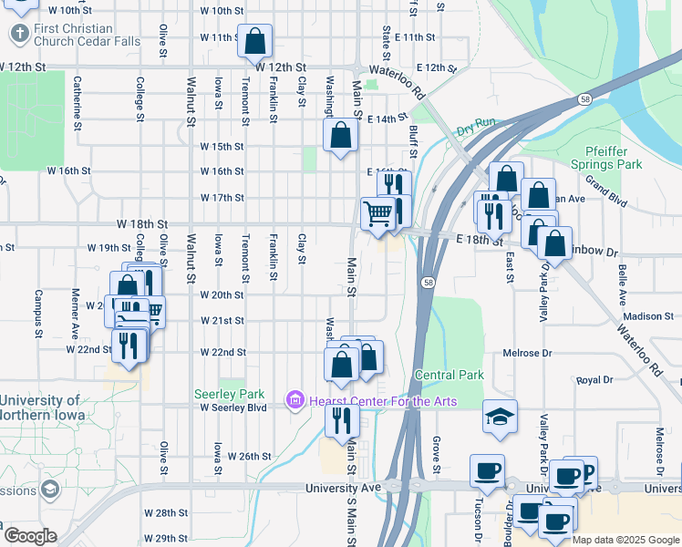 map of restaurants, bars, coffee shops, grocery stores, and more near 1925 Main Street in Cedar Falls