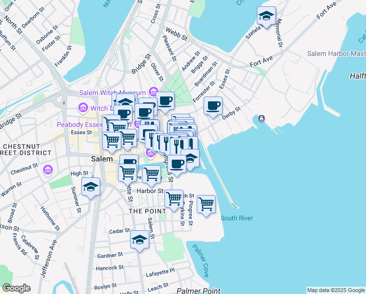 map of restaurants, bars, coffee shops, grocery stores, and more near 57 Wharf Street in Salem