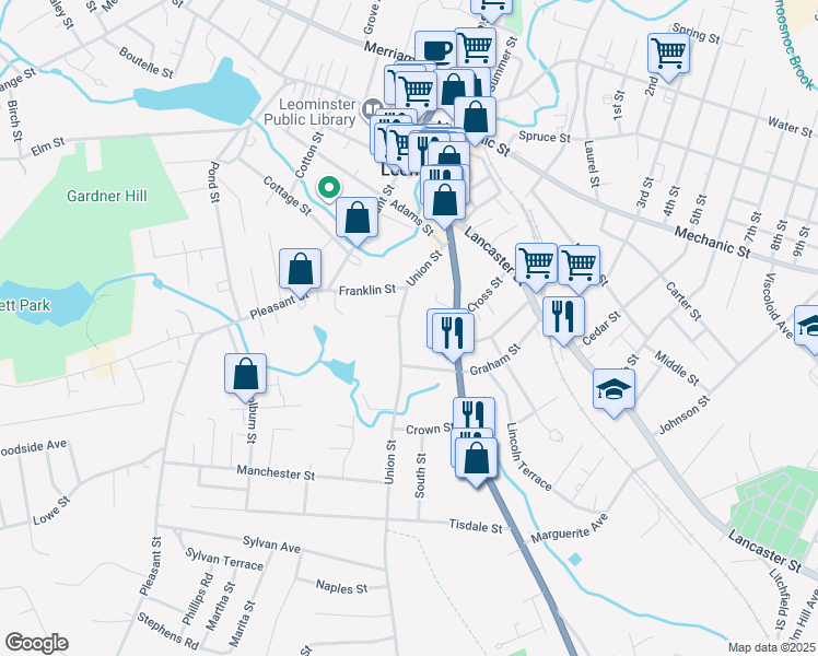 map of restaurants, bars, coffee shops, grocery stores, and more near 72 Union Street in Leominster