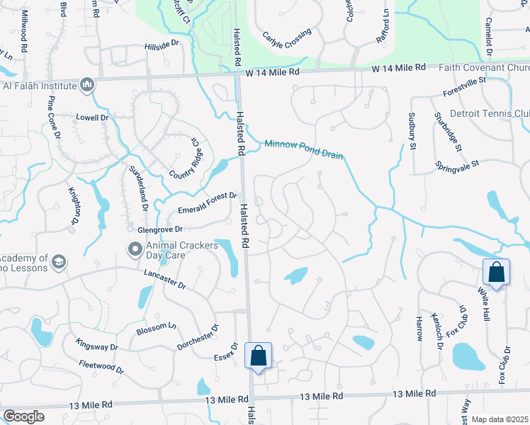 map of restaurants, bars, coffee shops, grocery stores, and more near 30550 Hazelwood Court in Farmington Hills
