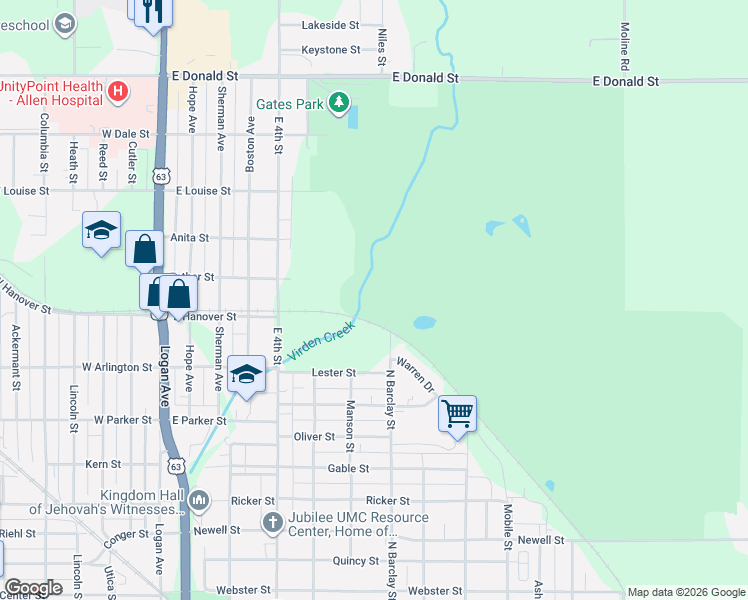 map of restaurants, bars, coffee shops, grocery stores, and more near 1559-1699 North Barclay Street in Waterloo