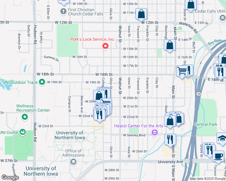 map of restaurants, bars, coffee shops, grocery stores, and more near 1925 Walnut Street in Cedar Falls