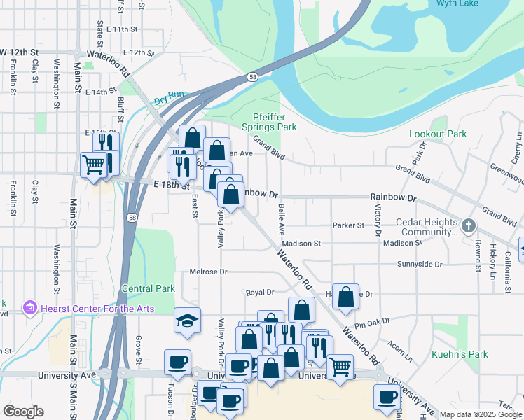map of restaurants, bars, coffee shops, grocery stores, and more near 1928 Elmwood Avenue in Cedar Falls
