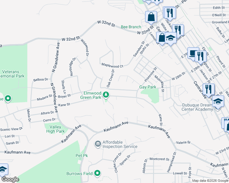 map of restaurants, bars, coffee shops, grocery stores, and more near 804 Berkley Place in Dubuque