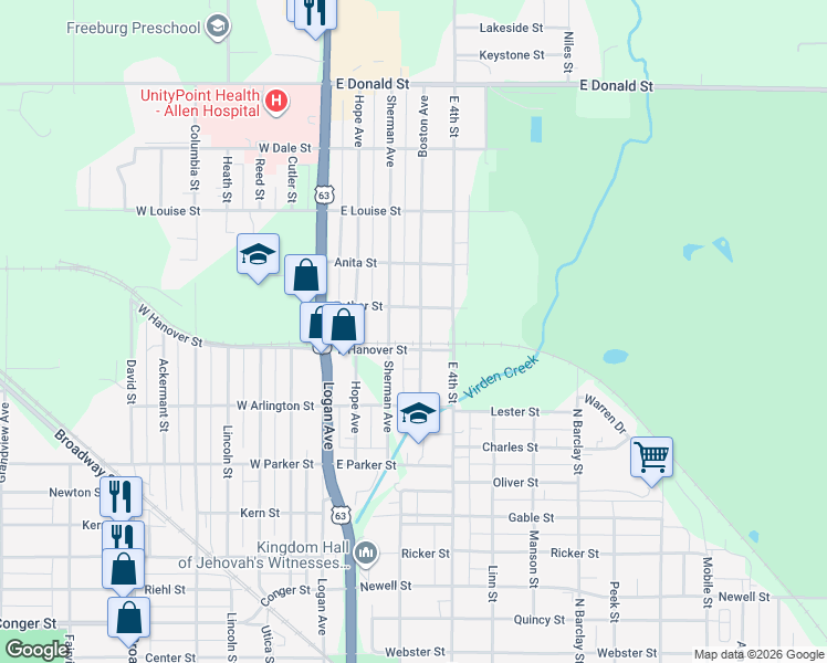 map of restaurants, bars, coffee shops, grocery stores, and more near 307 Boston Avenue in Waterloo