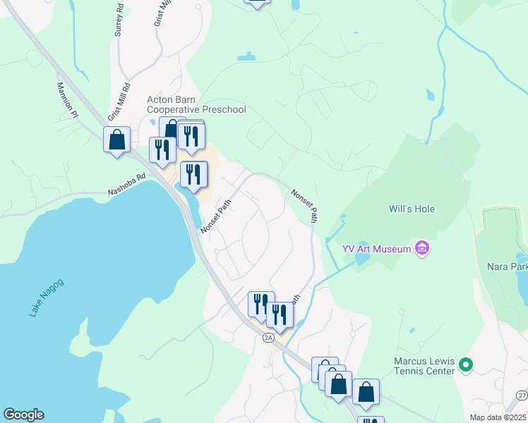 map of restaurants, bars, coffee shops, grocery stores, and more near 606 Old Stone Brook in Acton